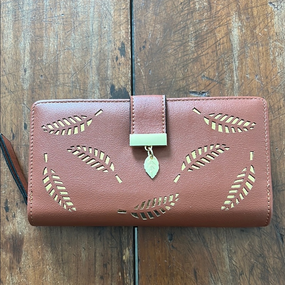 Vagabond Goods Wallet Wanderlust Brown Vegan Leather Leaf Cutouts 0145